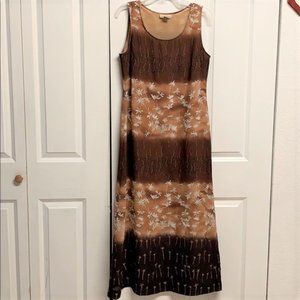 Apostrophe Shades of Brown Tan White Floral Print Lined Sheer Maxi Dress Size S